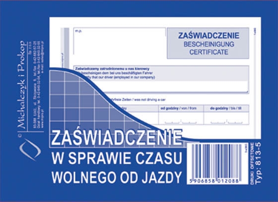 druk-813-5 zaświadczenie w sprawie czasu wolnego od jazdy m&p