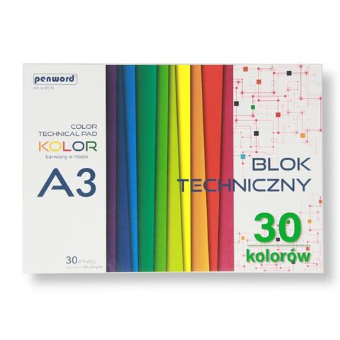 BLOK TECHNICZNY A3 KOLOR BT-13 185-225G/M2 30 ARKUSZY 30 KOLORÓW BARWIONY W MASIE PSH /5/ /25/
