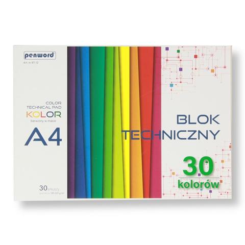 BLOK TECHNICZNY A4 KOLOR BT-12 185-225G/M2 30 ARKUSZY 30 KOLORÓW BARWIONY W MASIPSH /5/ /50/