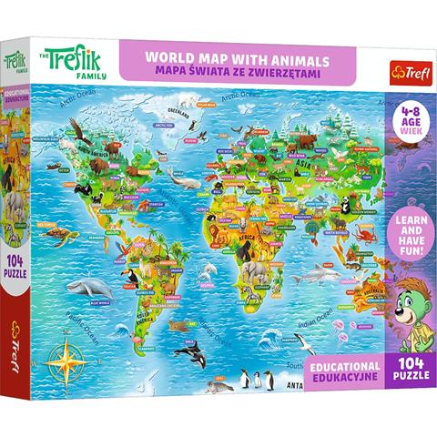 TREFL PUZZLE 104EL EDU MAPA ŚWIATA ZE ZWIERZĘTAMI 15601