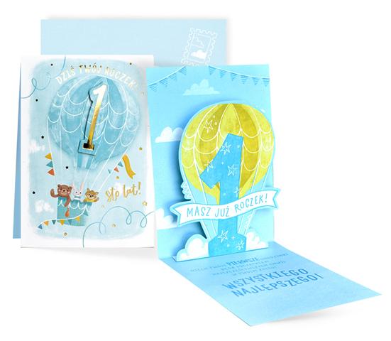 KUKARTKA KARTKA OZDOBNA 1 URODZINY (CYFERKI,ROCZEK,NIEBIESKI BALON) PU-021