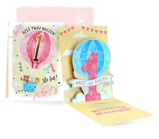 KUKARTKA KARTKA OZDOBNA 1 URODZINY (ROCZEK,CYFERKI,RÓŻOWY BALON) PU-020