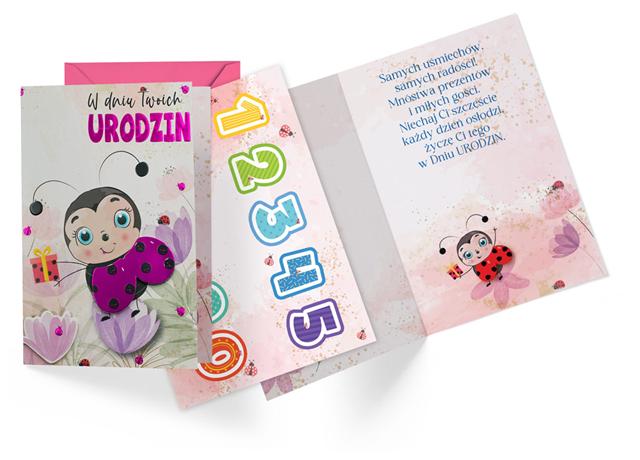 KUKARTKA KARTKA OZDOBNA URODZINY DZIECIĘCE (WYMIENNE CYFERKI) BIEDRONKA DK-1071