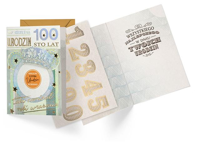 KUKARTKA KARTKA OZDOBNA URODZINY (WYMIENNE CYFRY) BANKNOT 100 DK-1305