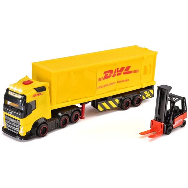 DICKIE CITY CIĘŻARÓWKA Z NACZEPĄ DHL ŚWIATŁO, DŹWIĘK + WÓZEK WIDŁOWY 374 7018 SIMBA