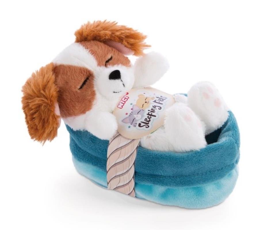 NICI 47890 Maskotka śpiący szczeniak Cocker Spaniel 12cm w koszyku niebiesko-turkusowym