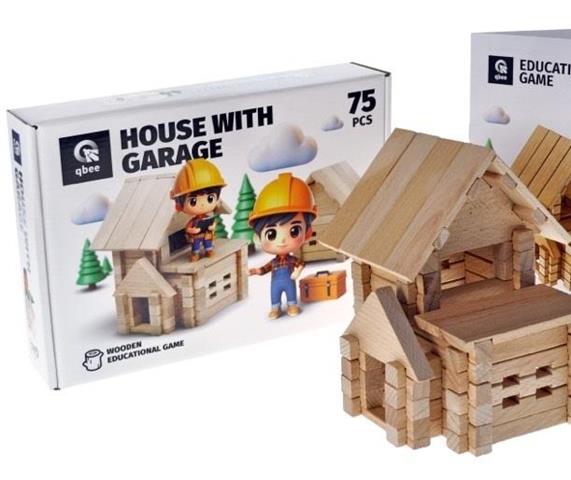 KONSTRUKTOR KLOCKI DREWNIANE BUDOWLANE ZESTAW DOM Z GARAŻEM 75EL 900118