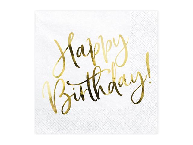 Serwetki Happy Birthday, biały, 33x33cm: 1op./20szt. PARTYDECO