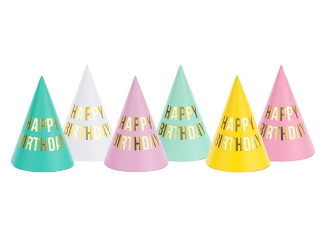 Czapeczki Happy Birthday, mix, 16cm: 1op./6szt. PARTYDECO