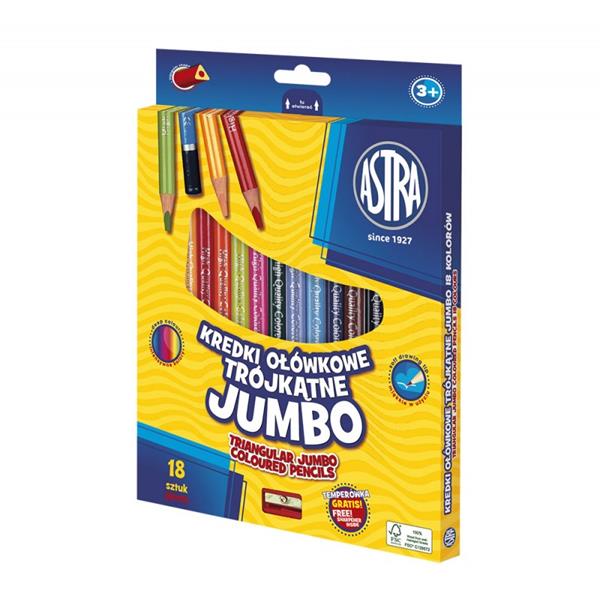 ASTRA KREDKI OŁÓWKOWE TRÓJKĄTNE 18KOLORÓW JUMBO Z TEMPERÓWKĄ