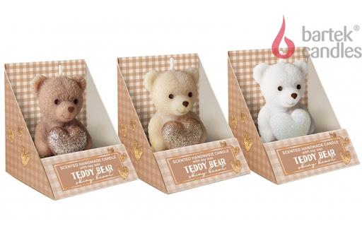 ŚWIECA ZAPACHOWA FIGURKA MIŚ TEDDY Z BROKATOWYM SERCEM 7CM BARTEK CANDLE