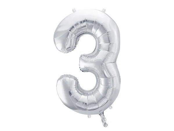 BALON FOLIOWY CYFRA ''3'' 86CM SREBRNY  PARTYDECO