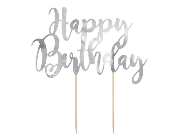 Topper na tort Happy Birthday, srebrny, 22,5cm PARTYDECO