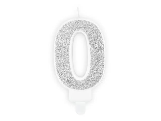 ŚWIECZKA URODZINOWA CYFERKA 0, SREBRNA, 7CM PARTYDECO