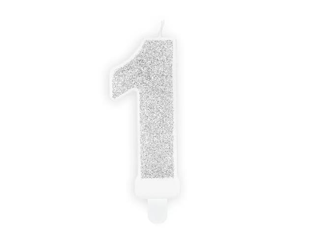 ŚWIECZKA URODZINOWA CYFERKA 1, SREBRNA, 7CM PARTYDECO