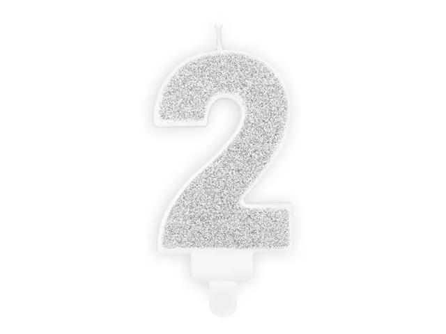 ŚWIECZKA URODZINOWA CYFERKA 2, SREBRNA, 7CM PARTYDECO