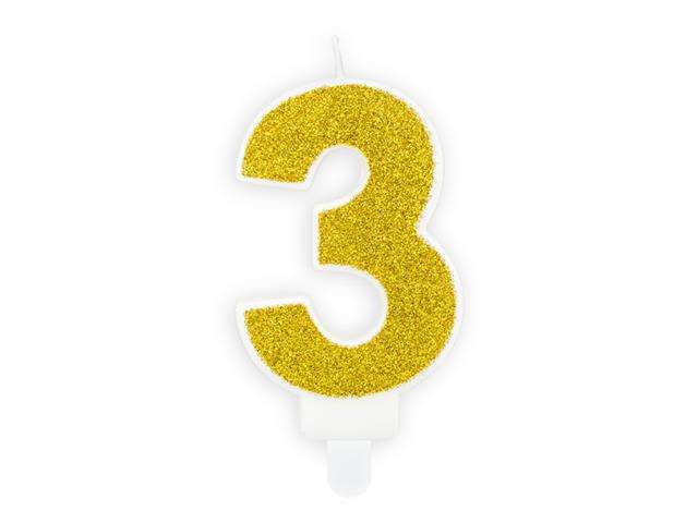 Świeczka urodzinowa Cyferka 3, złoty, 7cm PARTYDECO