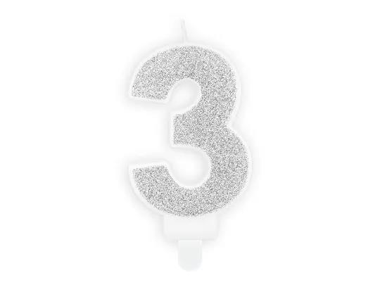 ŚWIECZKA URODZINOWA CYFERKA 3, SREBRNA, 7CM PARTYDECO