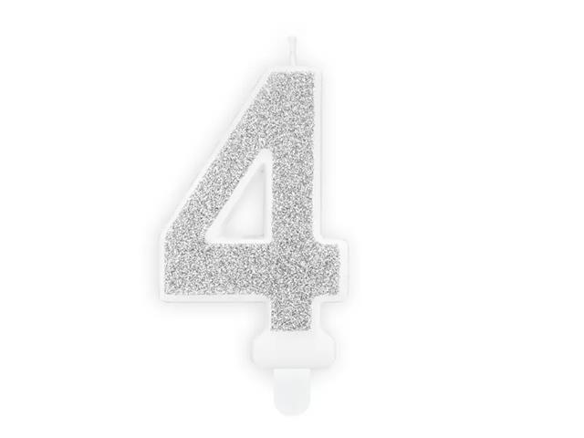 ŚWIECZKA URODZINOWA CYFERKA 4, SREBRNA, 7CM PARTYDECO