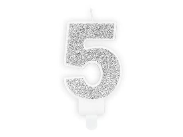 ŚWIECZKA URODZINOWA CYFERKA 5, SREBRNA, 7CM PARTYDECO