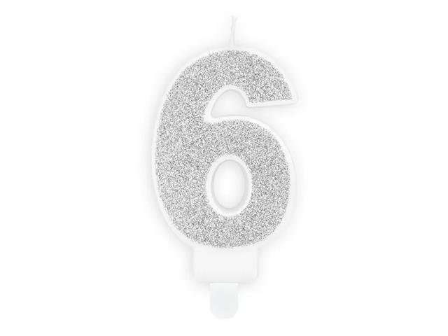 ŚWIECZKA URODZINOWA CYFERKA 6, SREBRNA, 7CM PARTYDECO