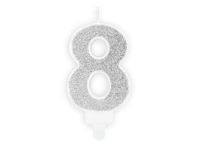 ŚWIECZKA URODZINOWA CYFERKA 8, SREBRNA, 7CM PARTYDECO