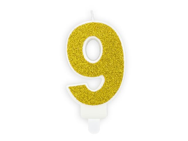 Świeczka urodzinowa Cyferka 9, złoty, 7cm PARTYDECO