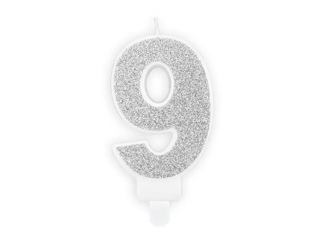 ŚWIECZKA URODZINOWA CYFERKA 9, SREBRNA, 7CM PARTYDECO