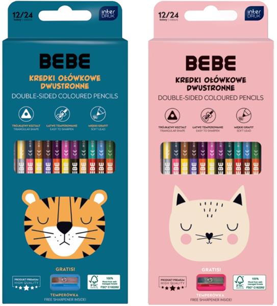 INTERDRUK KREDKI OŁÓWKOWE 12/24 KOLORY  TRÓJKĄTNE DWUSTRONNE BB FRIENDS /12/