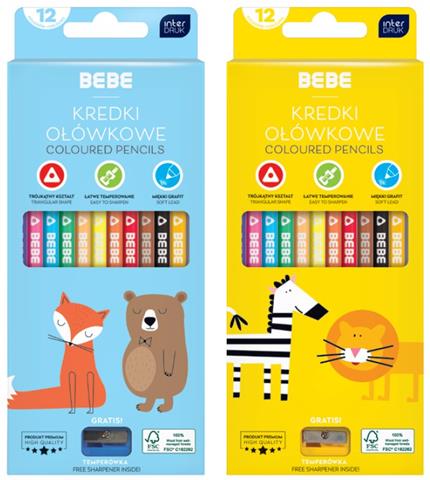 INTERDRUK KREDKI OŁÓWKOWE 12KOL TRÓJKĄTNE Z TEMPERÓWKĄ BEBE Kids
