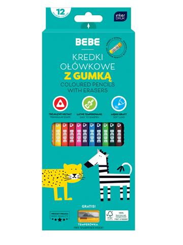 INTERDRUK KREDKI OŁÓWKOWE Z GUMKĄ 12 KOLORÓW BEBE KIDS /12/