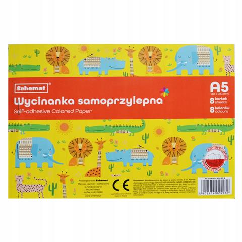 ZESZYT PAPIERÓW KOLOROWYCH A5  8 KOLORÓWSAMOPRZYLEPNYCH ANIMALS 5912 SCHEMAT /20