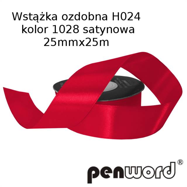 WSTĄŻKA OZDOBNA 25mmX25m H024 1028 CZERWONA SATYNOWA /5/