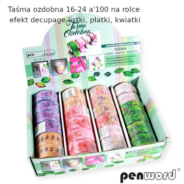 PSH-TAŚMA OZDOBNA 16-24 A'100 NA ROLCE EFEKT DECOUPAGE: LISTKI, PŁATKI, KWIATKI /24/