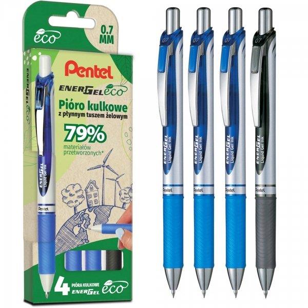 pentel zestaw 4 piór kulkowych z płynnymtuszem żelowym 0.7mm ener gel eco bl77e-st4acccpl