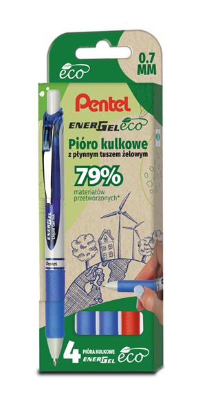 pentel zestaw 4 piór kulkowych z płynnymtuszem żelowym 0.7mm ener gel eco bl77e-st4bcccpl