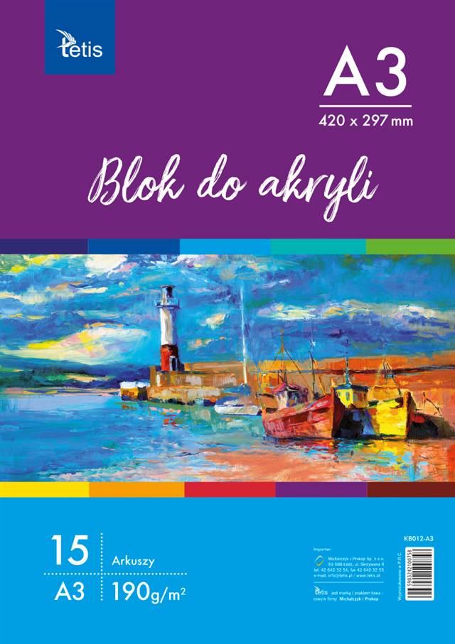 tetis blok do akryli a3 190g/m2 15ark.  kb012-a3