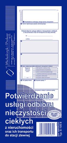DRUK-S-105-8 POTWIERDZENIE USŁUGI ODBIORU NIECZYSTOŚCI CIEKŁYCH Z NIERUCHOMOŚCI 1/3A4