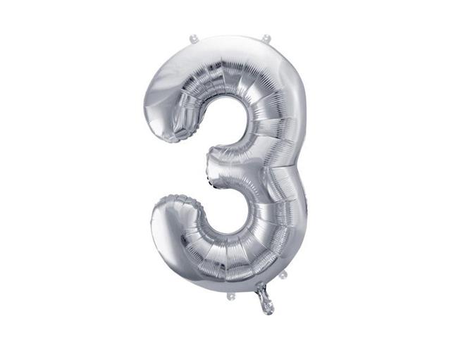 BALON FOLIOWY CYFRA ''3'', 86CM, SREBRNY PARTYDECO