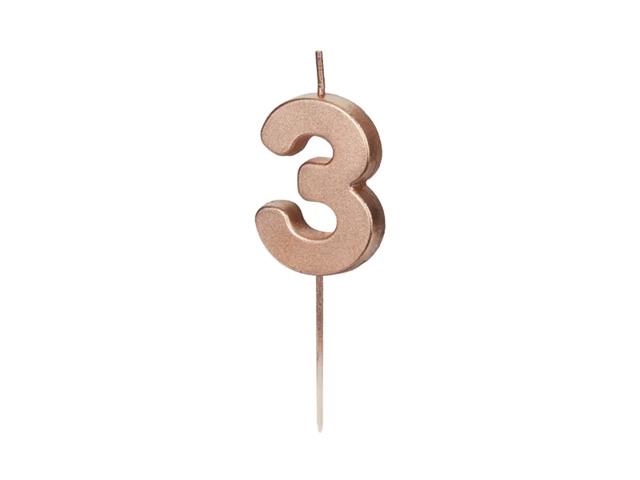 ŚWIECZKA URODZINOWA CYFERKA 3, RÓŻOWE ZŁOTO, 4,5CM PARTYDECO