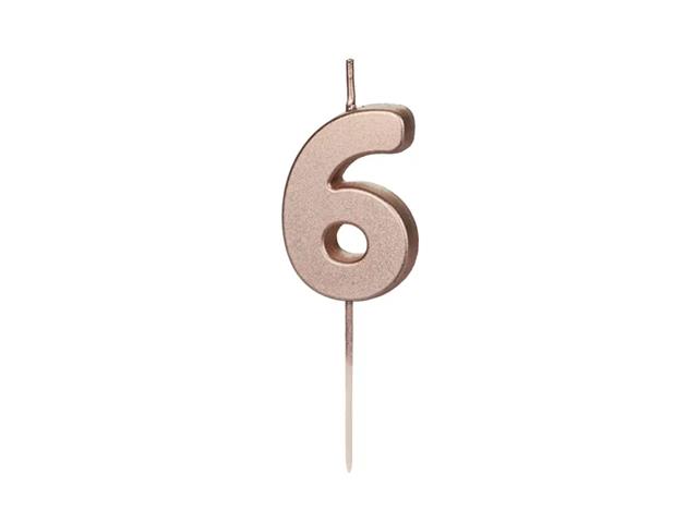 ŚWIECZKA URODZINOWA CYFERKA 6, RÓŻOWE ZŁOTO, 4,5CM PARTYDECO