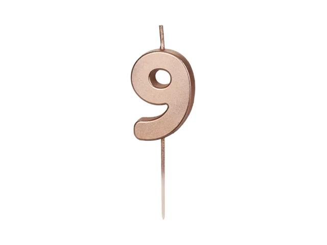 ŚWIECZKA URODZINOWA CYFERKA 9, RÓŻOWE ZŁOTO, 4,5CM PARTYDECO