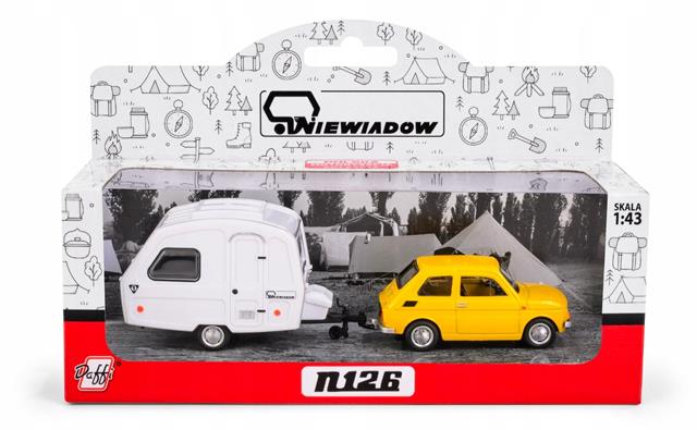 KOLEKCJA POLSKA MOTORYZACJA FIAT 126P ŻÓTY + PRZYCZEPA KEMPINGOWA NIEWIADÓW 1:43 K-607 DAFFI