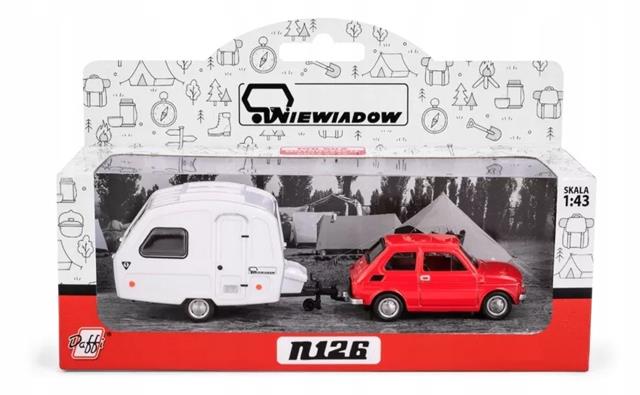 KOLEKCJA POLSKA MOTORYZACJA FIAT 126P CZERWONY + PRZYCZEPA KEMPINGOWA NIEWIADÓW 1:43 K-609 DAFFI