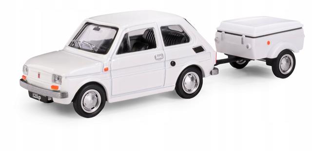 KOLEKCJA POLSKA MOTORYZACJA FIAT 126P BIAŁY + PRZYCZEPA KRÓTKA NIEWIADÓW 1:43 K-611 DAFFI