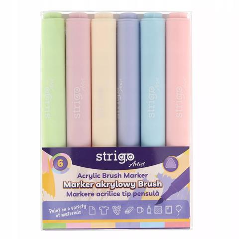 STRIGO MARKER AKRYLOWY Z KOŃCÓWKĄ BRUSH WTRÓKĄTNEJ OBUDOWIE 6-KOL.,ZESTAW 1