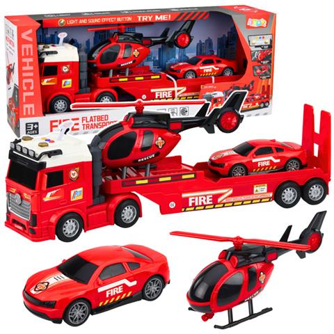 CIĘŻAROWKA LAWETA STRAŻACKA + HELIKOPTER+ SAMOCHÓD ŚWIATŁO, DŹWIĘK 29068 LEAN