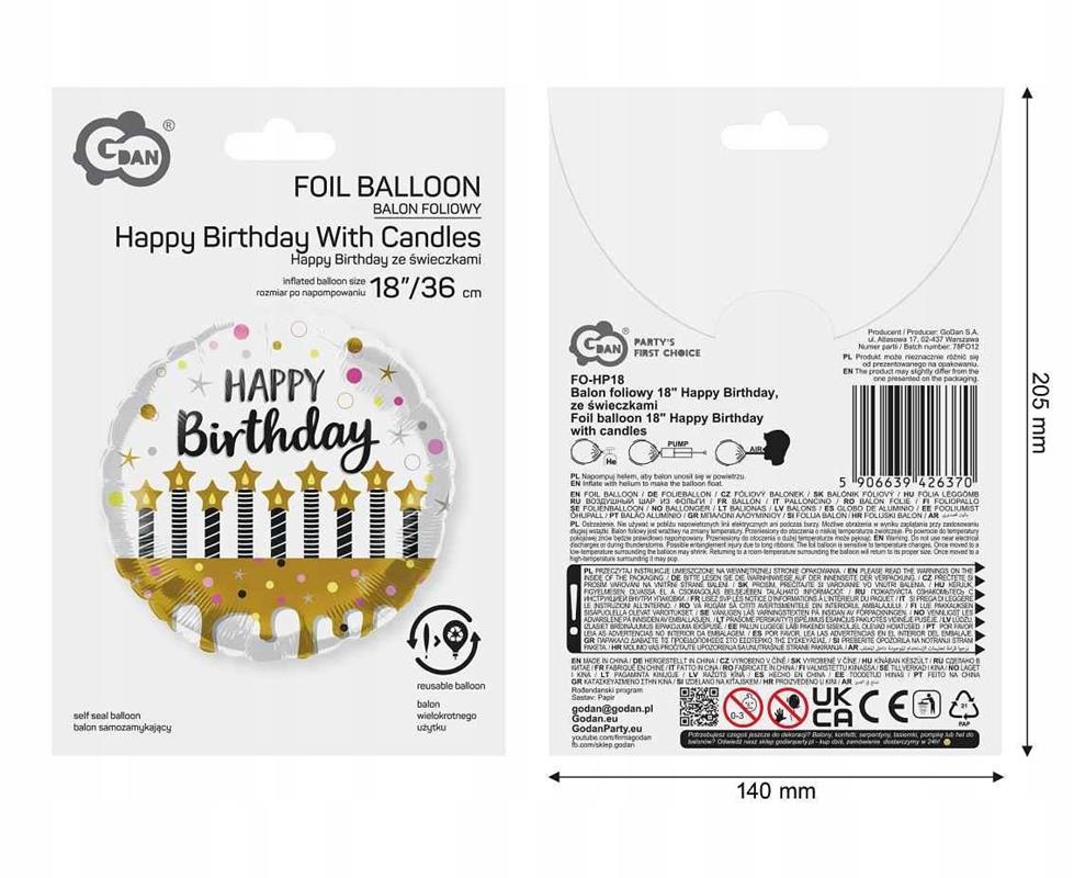 GODAN BALON FOLIOWY NAPIS HAPPY BIRTHDAY36CM