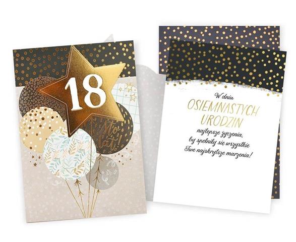 KUKARTKA KARTKA OZDOBNA 18 URODZINY DK-1249 (OSIEMNASTKA,CYFRY, BALONY)