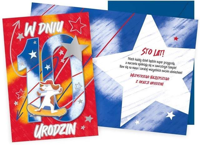 KUKARTKA KARTKA OZDOBNA 10 URODZINY DK-1257 (CHŁOPIEC,CYFERKI,PIESEK NA DESKOROLCE)